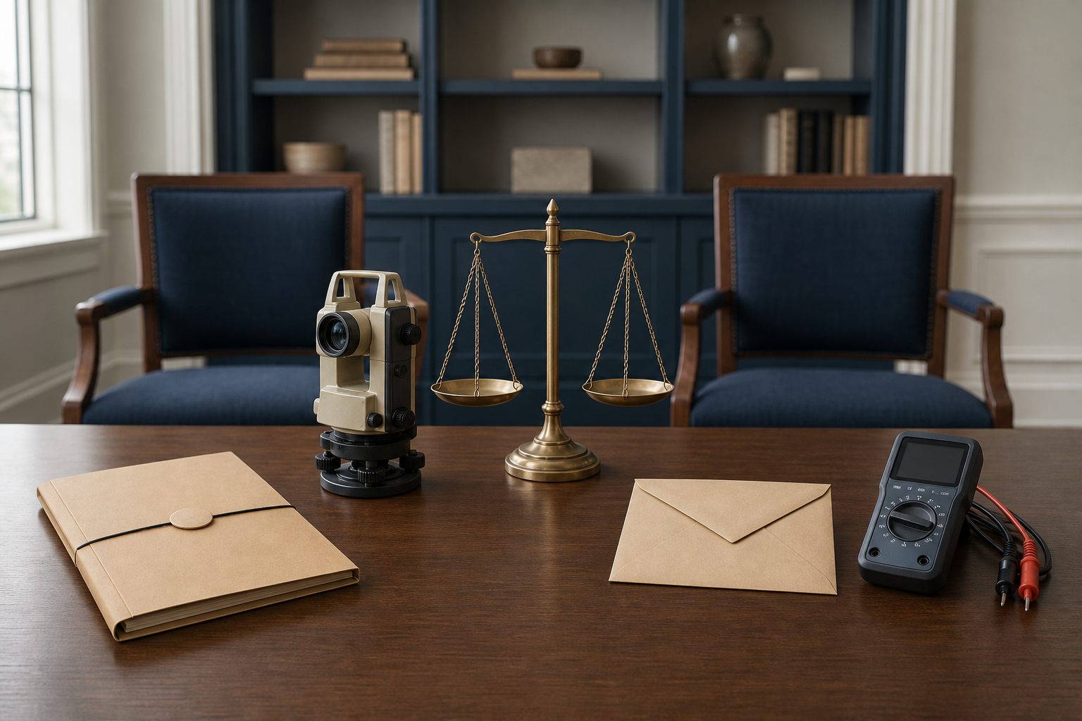 Five evidence-related objects, including a records folder, survey instrument, notice envelope, electrical tester, and balanced scale, rest on a civic-office table.