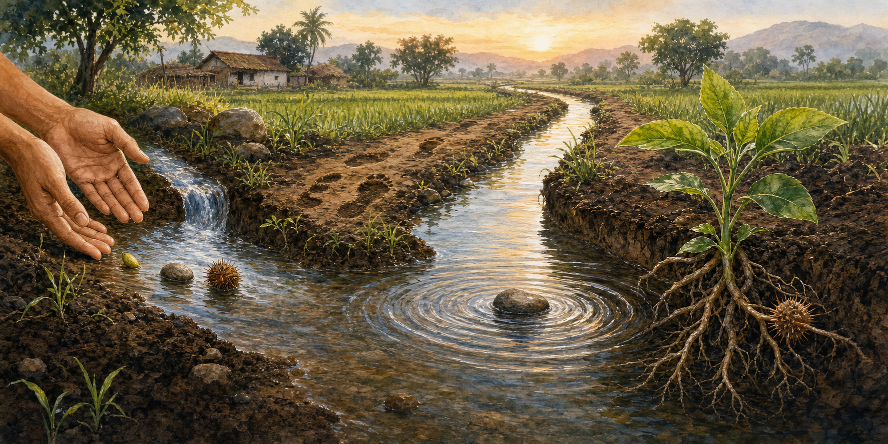 A seed, stone, and thorny burr enter a flowing irrigation channel and produce a plant, spreading ripples, and tangled roots farther downstream.