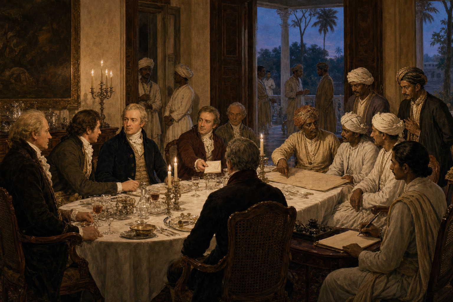 Colonial officials, Bengali intermediaries, a secretary, interpreters, and messengers gather around a formal dinner table in an early nineteenth-century residence.