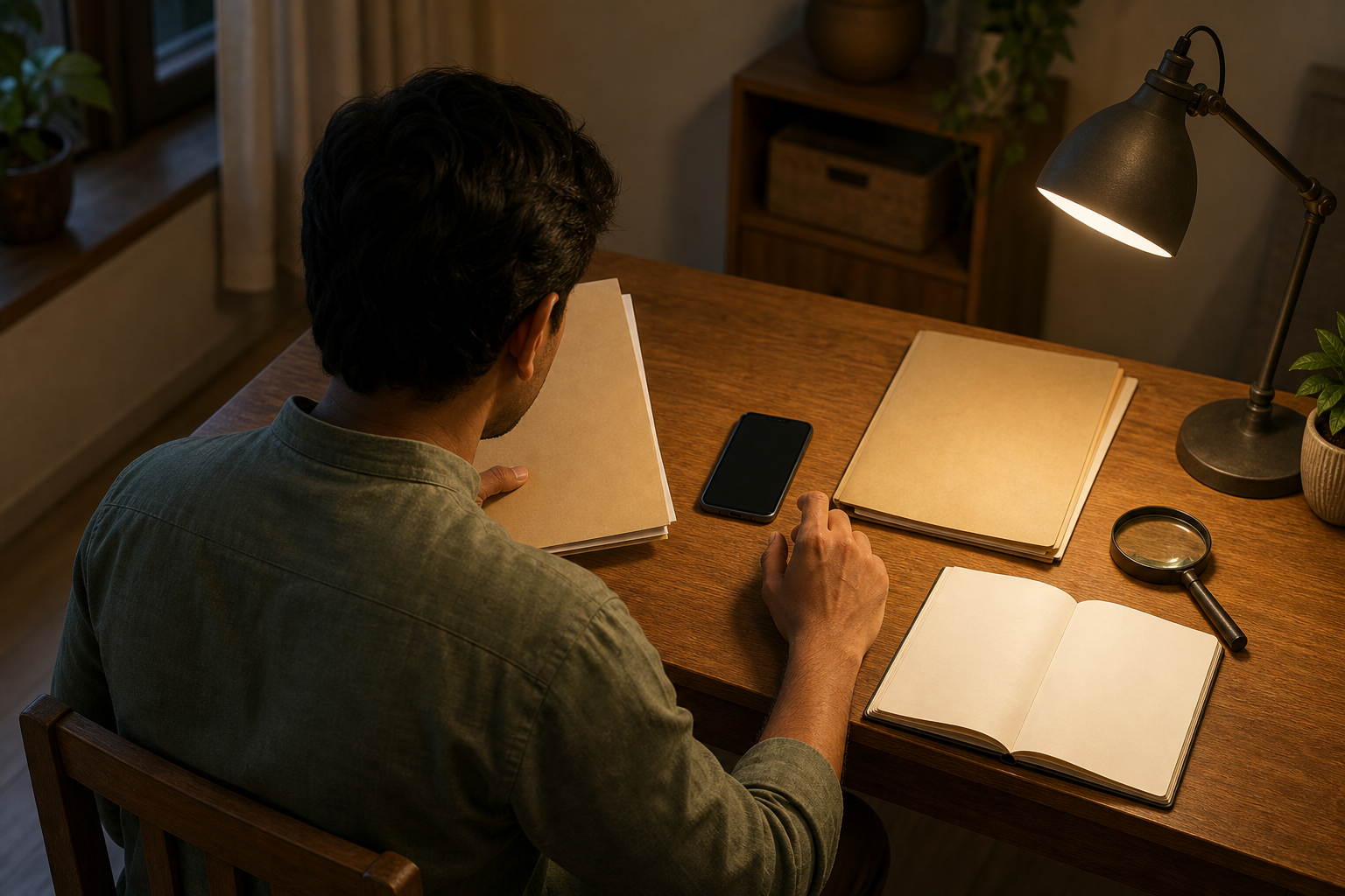 A person pauses over a smartphone while comparing two separate document folders at a desk.