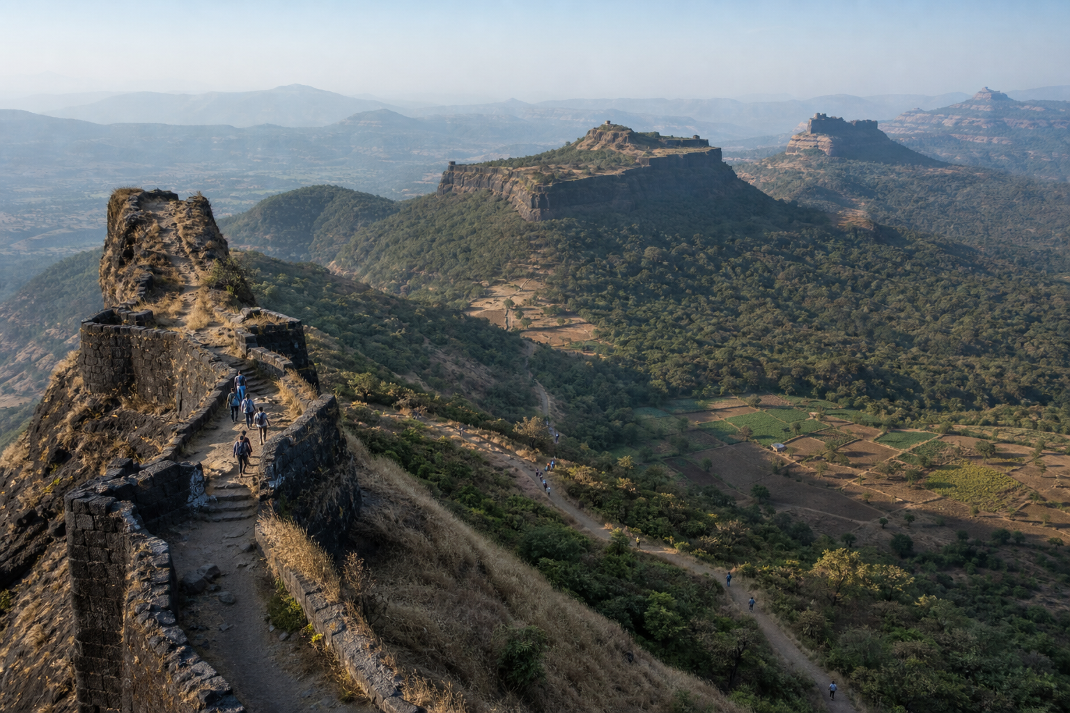 A winding trail crosses basalt ridges, a forested saddle, and a rural valley between several Sahyadri hill forts, with small groups of walkers visible along the route.
