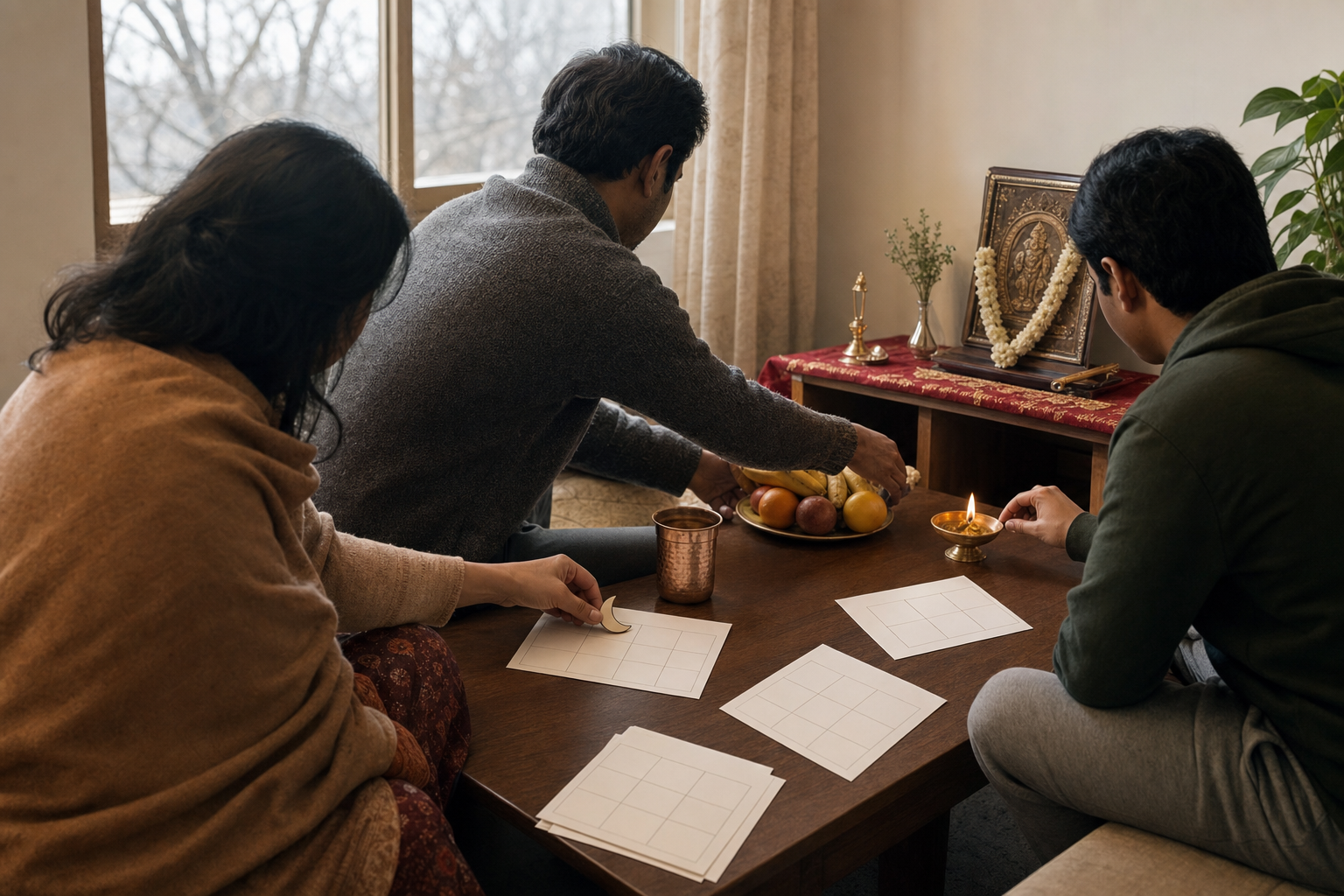 Three family members arrange blank calendar cards, fruit, a copper cup, and a brass oil lamp in a home during a winter morning.