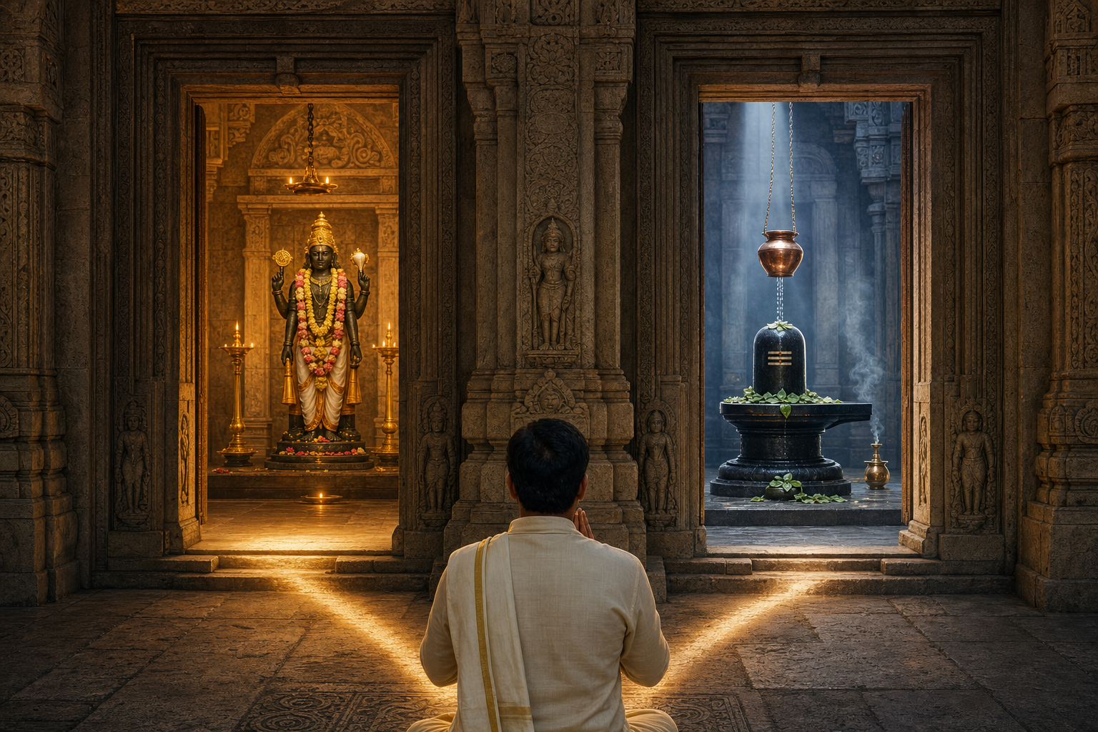 A devotee with joined hands stands between separate temple doorways containing a garlanded Vishnu murti and a Shiva linga with bilva leaves and a water vessel.