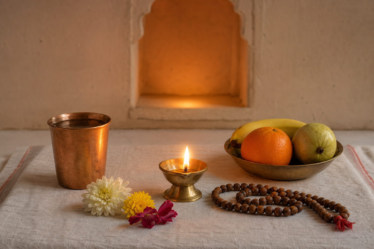 A small brass lamp, copper cup, flowers, fruit, and prayer beads form a simple devotional arrangement on a cotton cloth.