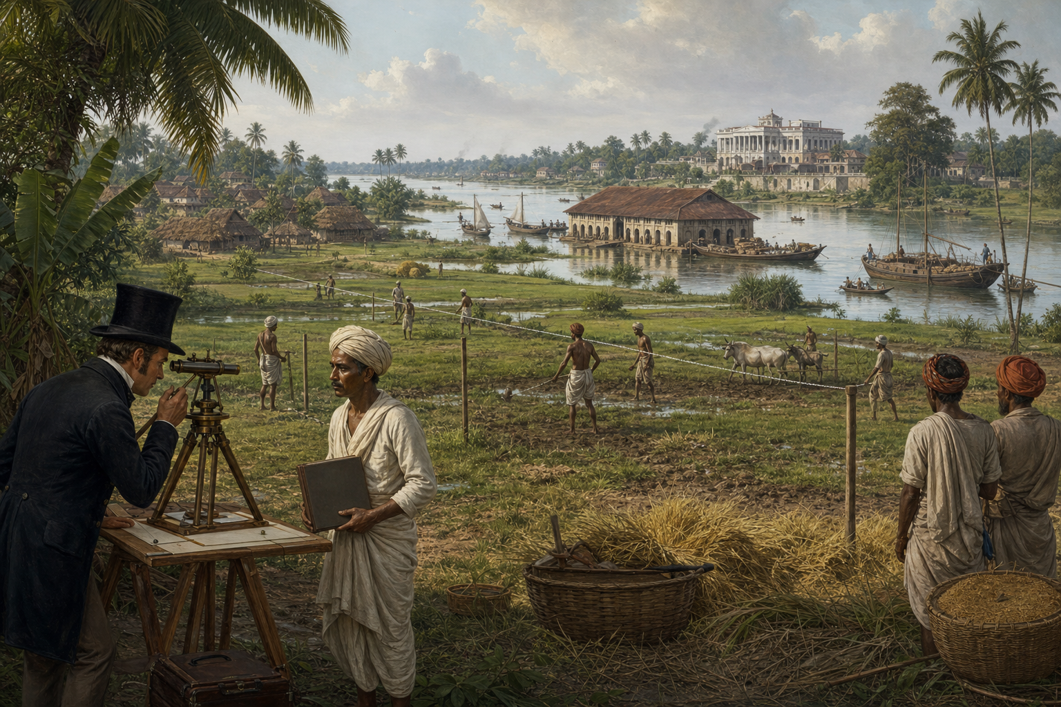 Survey workers measure cultivated fields in Bengal as a surveyor, revenue clerk, farmers, grain boats, villages, and a riverside storehouse occupy the surrounding landscape.