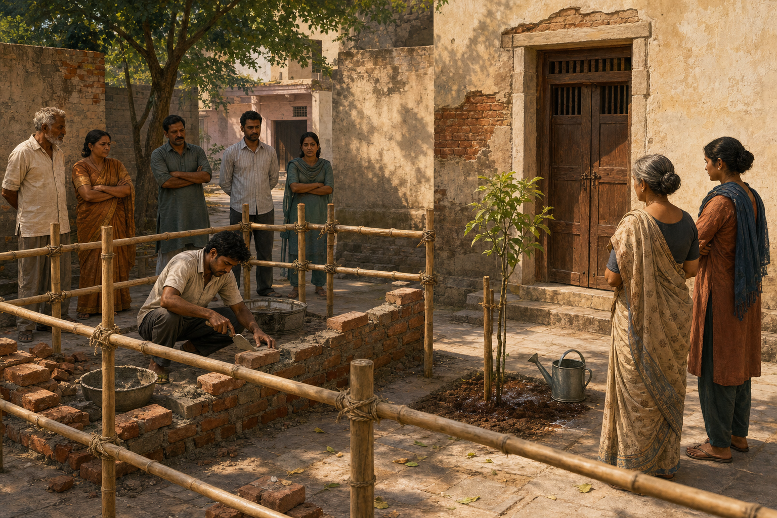 A supervised person rebuilds a damaged courtyard wall behind a bamboo barrier while the harmed resident watches from a safe distance with a supporter.