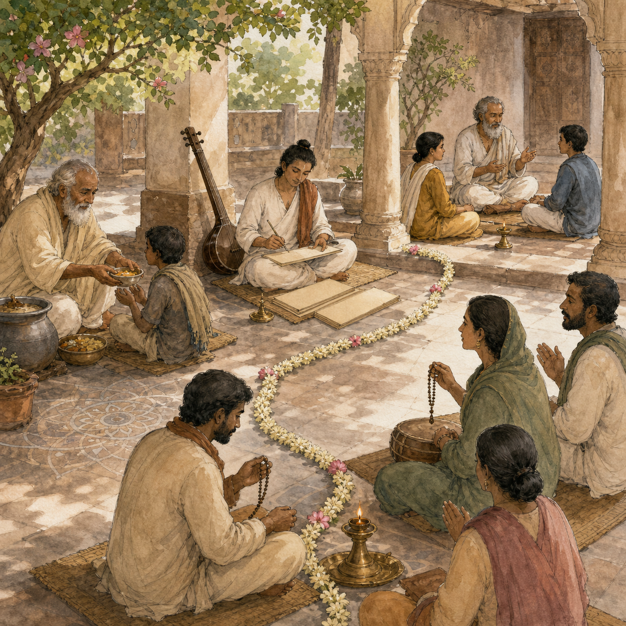 Four connected scenes show compassionate example, poetic composition, devotional practice, and teaching across generations.