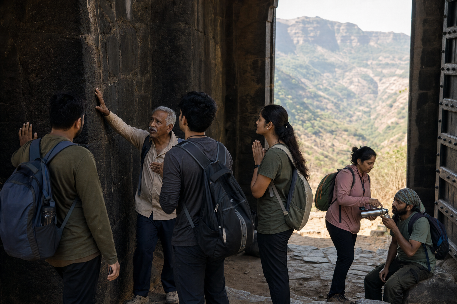 An older pilgrim speaks to younger walkers beside an ancient basalt fort gateway while another participant offers water to a tired companion.