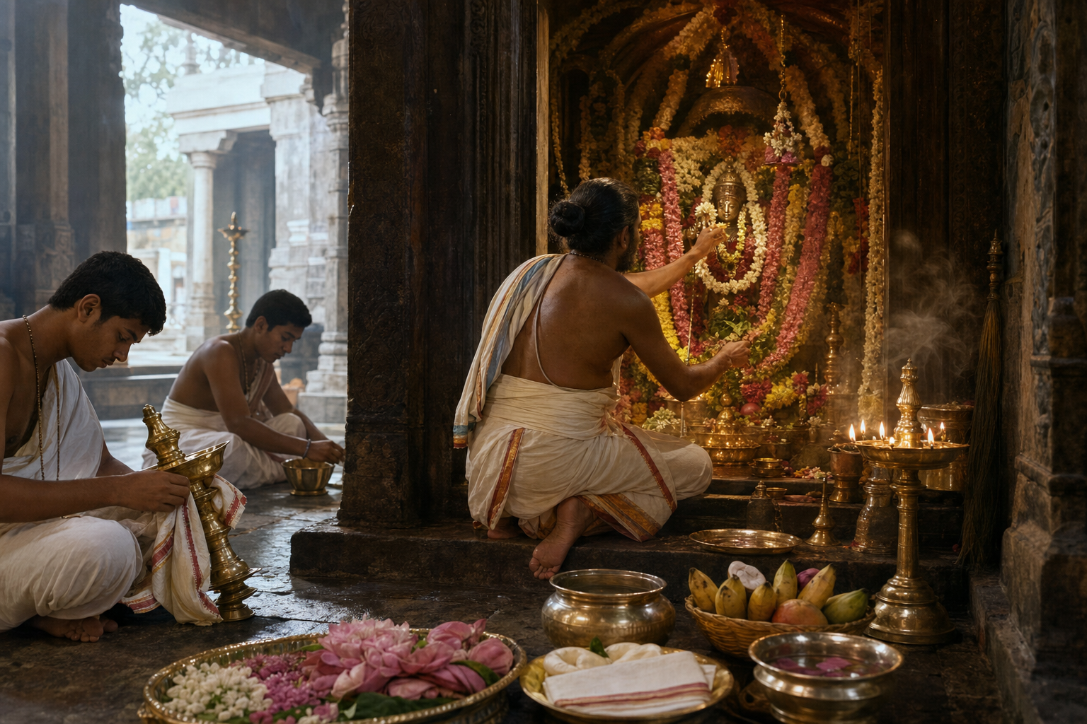 A temple priest tends a garlanded shrine at dawn while lamps, water vessels, cloth, fruit, and flowers are arranged for continuing ritual service.