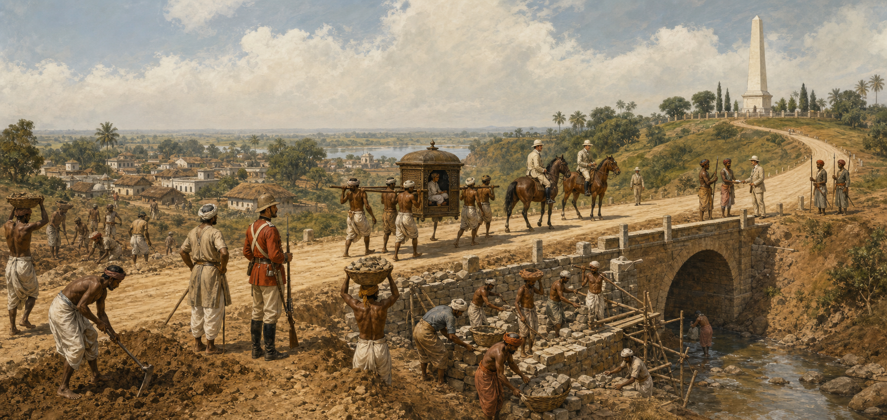Indian laborers construct a road and bridge while a palanquin and mounted travelers pass, a patrol receives coins, and a stone obelisk overlooks a nearby settlement.