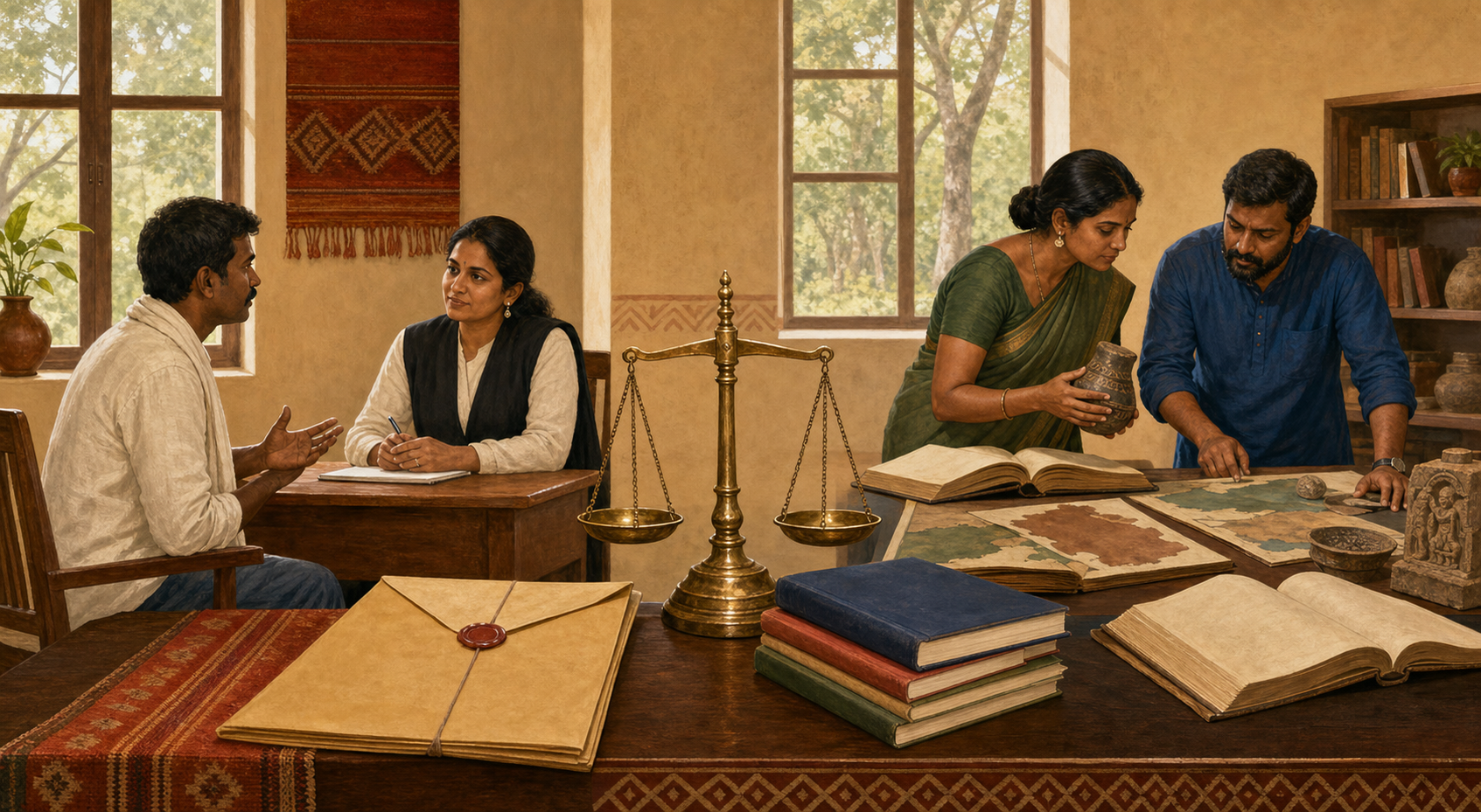 Editorial illustration of a legal consultation and a classroom review joined by a balanced scale, evidence folder, books, and regional Chhattisgarh details.