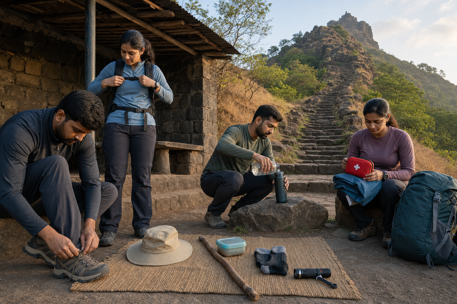Walkers prepare boots, backpacks, water, rain gear, and a first-aid pouch beside a steep basalt trail in the Sahyadri hills.