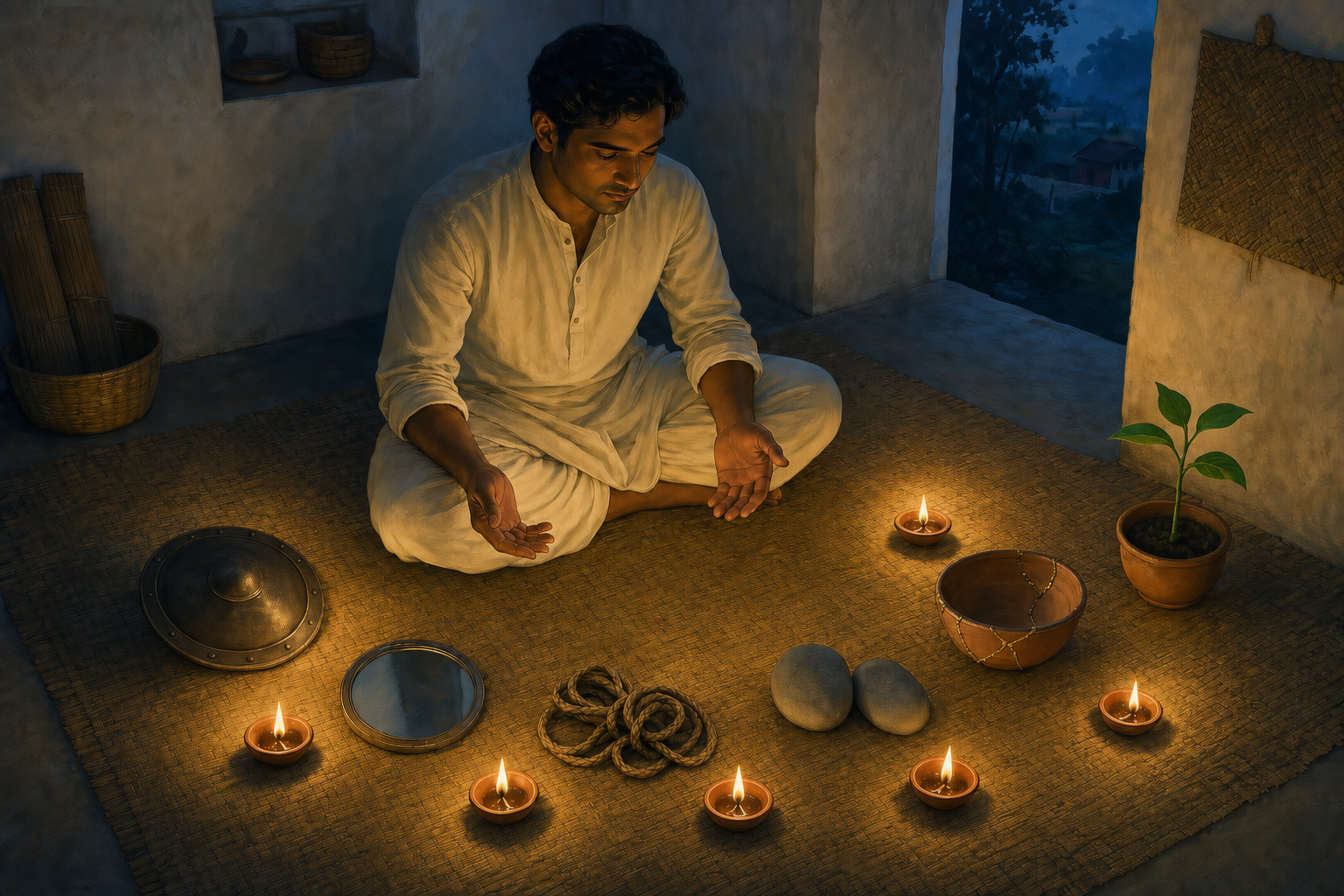 A seated person reflects before six oil lamps arranged beside a shield, mirror, knotted cord, balanced stones, repaired clay bowl, and seedling.