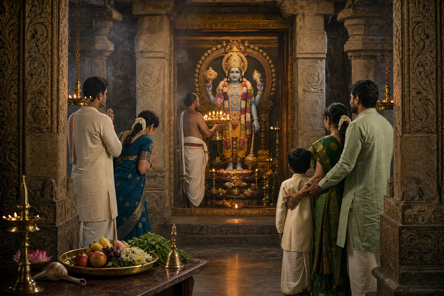 Devotees face a garlanded Vishnu murti as a priest offers a brass lamp beside tulasi leaves, fruit, flowers, a conch, and ritual vessels.