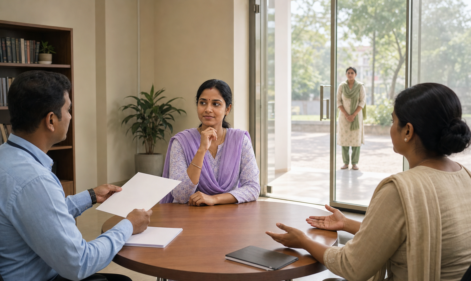 An adult woman makes an independent decision during a private legal-aid meeting while a companion waits outside the room.