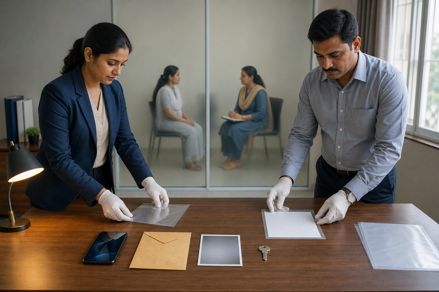 An investigator and legal advocate organize unmarked evidence while an adult witness speaks privately with a support professional.