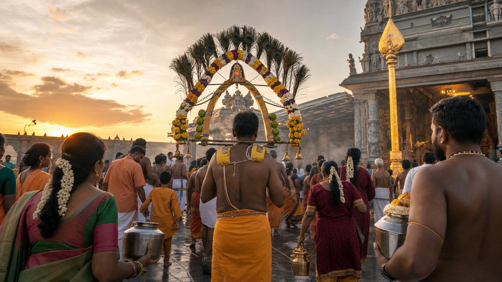 Thaipusam devotees approach a temple at dawn with a flower-decorated kavadi, milk pots, and a ceremonial Vel.