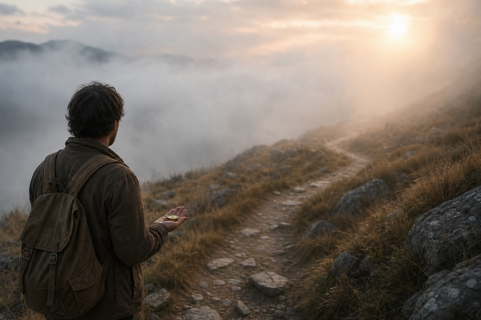 A person holding an unmarked brass compass walks along a mountain path that curves into morning mist.