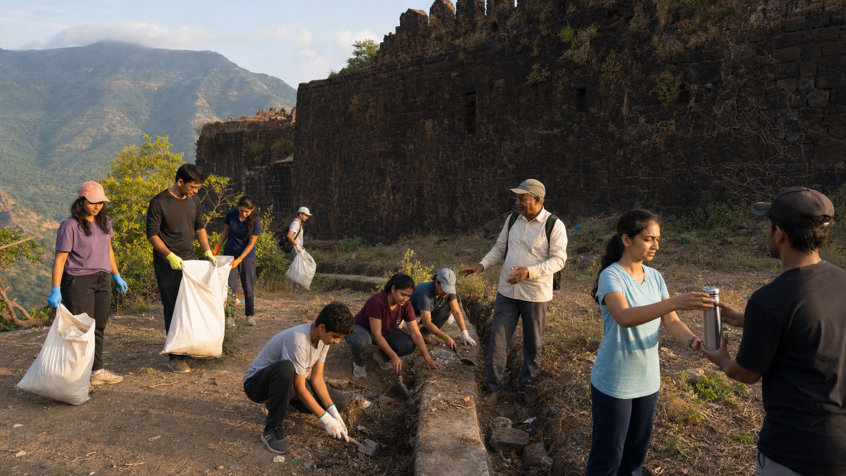 Volunteers collect litter and carefully clear an existing drainage channel near an old basalt fort wall while a heritage steward supervises.