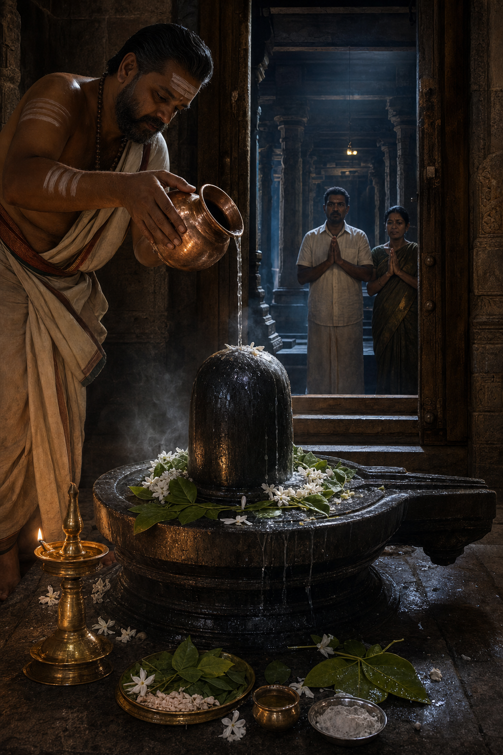 Water is poured over a dark-stone Shiva linga decorated with bilva leaves and white flowers as devotees pray beyond the sanctum threshold.