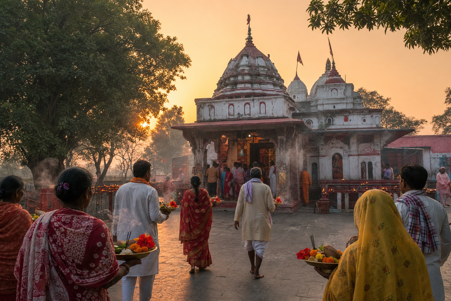 Pilgrims carrying flowers and offering plates approach a temple in Chandwa in the warm light of early morning.
