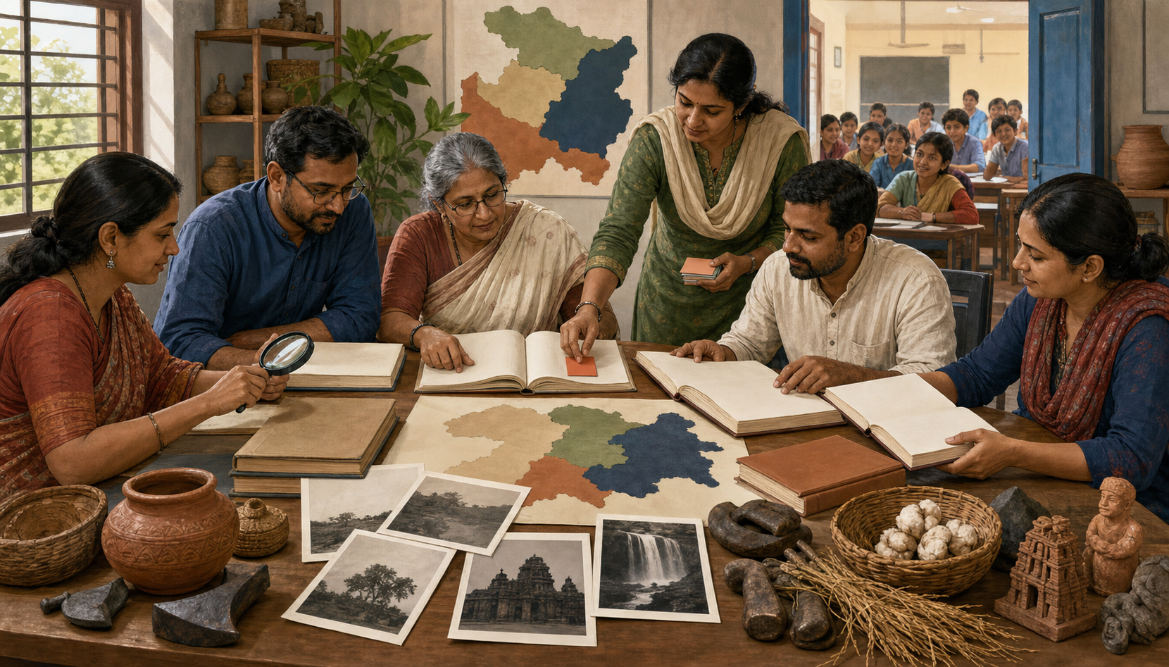 Teachers, a historian, and a librarian compare school materials with archival images, maps, and cultural objects as students observe nearby.