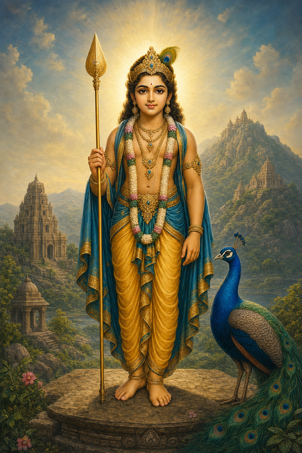 Murugan stands calmly with an upright Vel and a peacock in a luminous hill-temple setting.