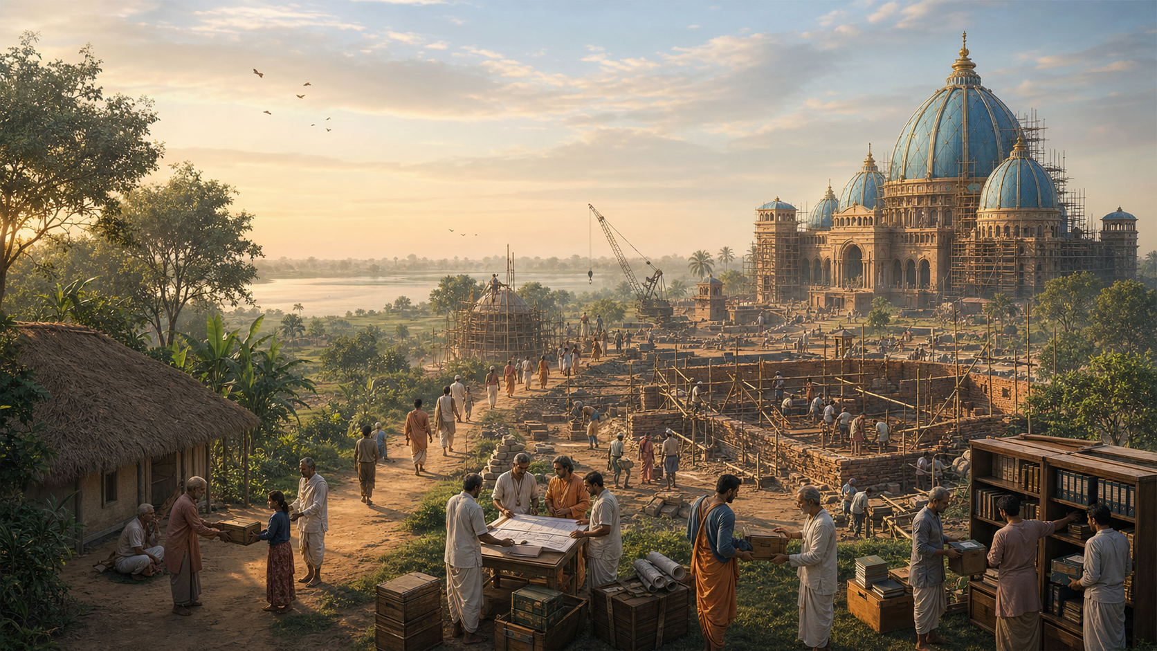 A panoramic illustration moves from a thatched kutir through successive stages of organized construction to the blue-domed Temple of the Vedic Planetarium, with several generations of caretakers and builders in the landscape.
