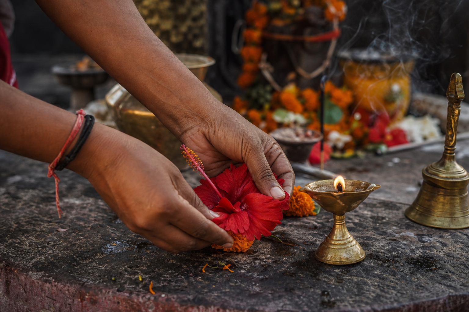 A devotee places red hibiscus and marigold flowers beside a brass oil lamp inside the temple.