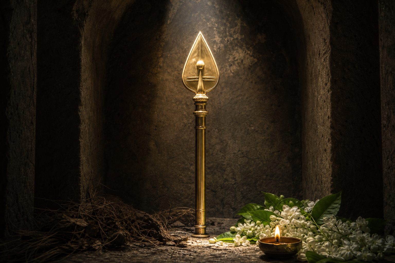 A ceremonial Vel in a stone shrine is illuminated beside jasmine flowers, green leaves, and an oil lamp.