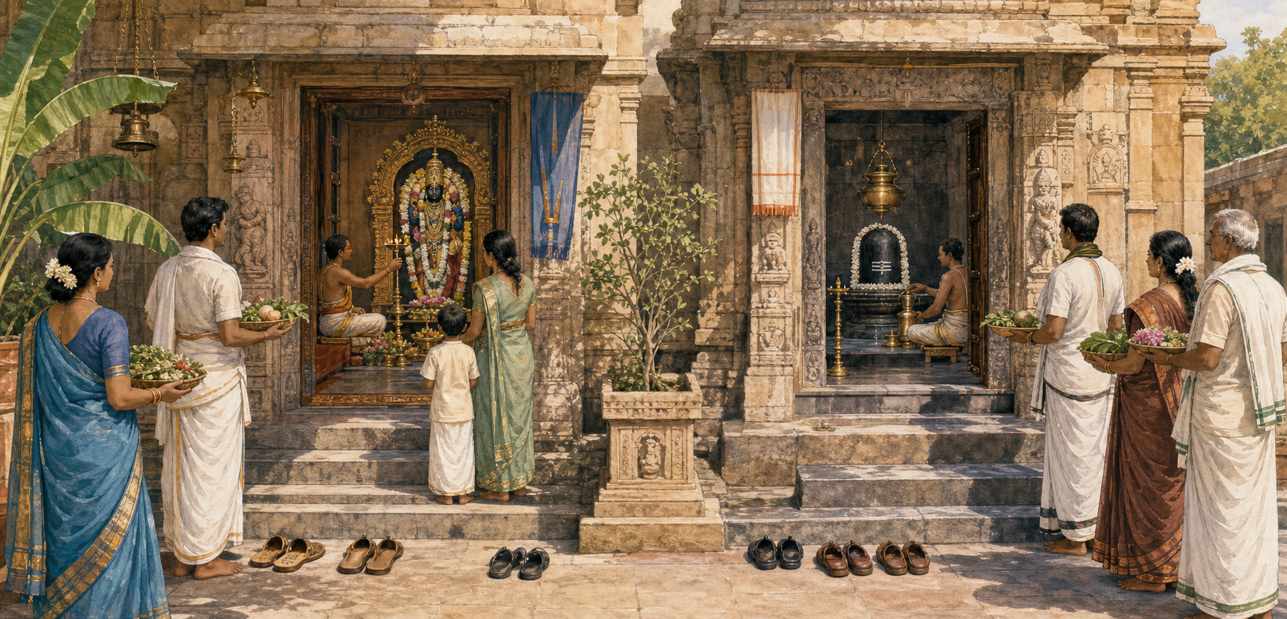 Neighboring temple courtyards show devotees respectfully approaching separate Vaishnava and Shaiva shrines with tradition-specific offerings and ritual vessels.