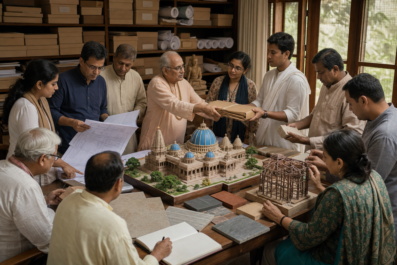 Devotees, architects, engineers, craftspeople, and administrators of different generations collaborate around a scale model of a blue-domed temple, architectural plans, material samples, and archival boxes.