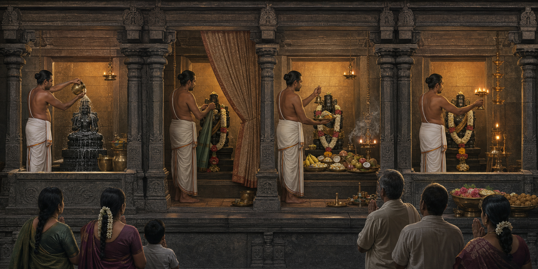 Sequential illustration of ritual bathing, decoration, food and incense offerings, and the final lamp offering during daily temple worship.