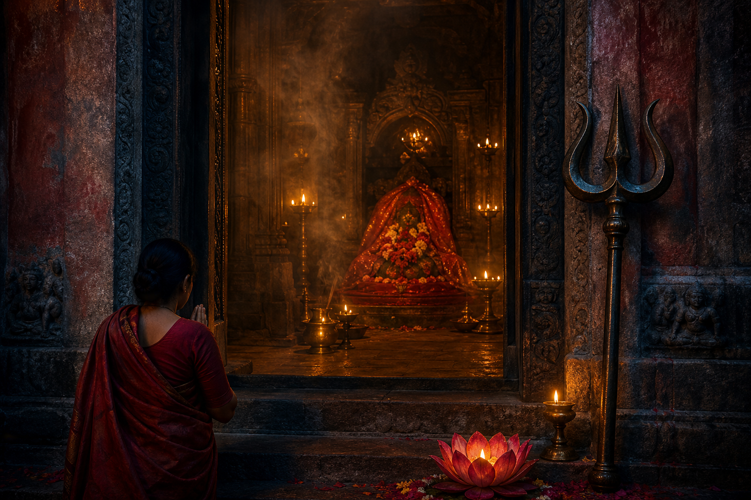 A devotee with folded hands faces a flower-covered sanctum lit by oil lamps, with a trident and lotus offerings nearby.