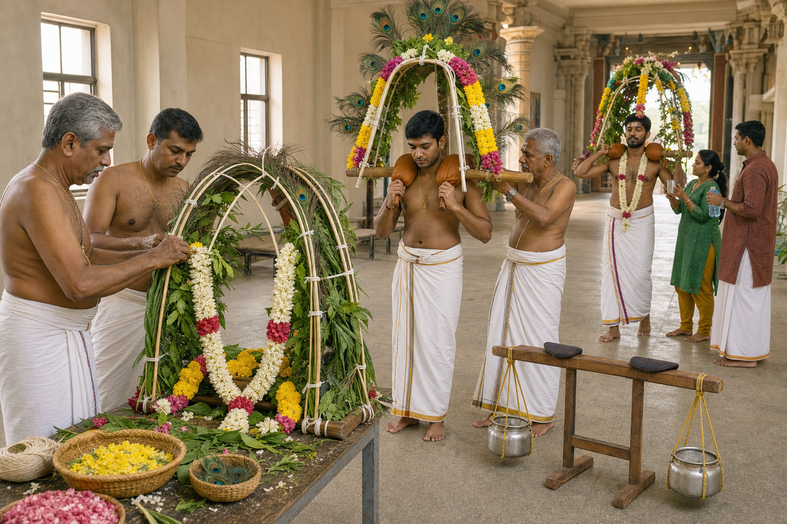 Community members decorate a kavadi frame, help place it on a devotee's shoulders, and accompany a carrier during preparation.
