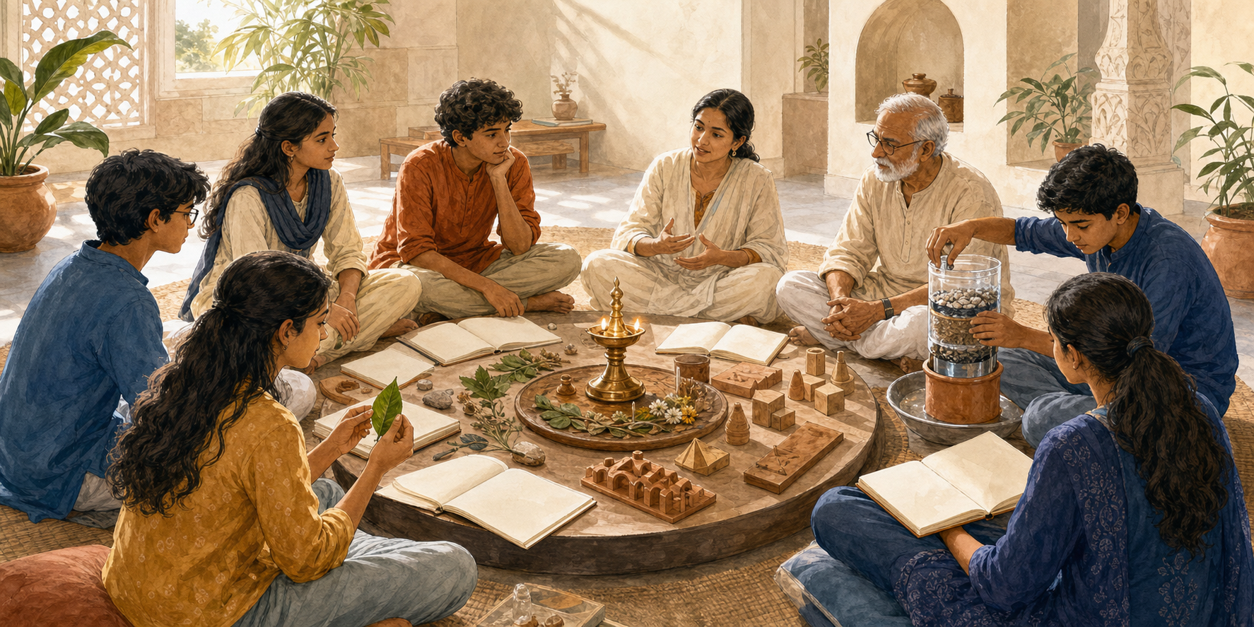 Teacher, elder mentor, and young learners gather around a low table with natural specimens, notebooks, geometric pieces, and handmade prototypes in a sunlit classroom.