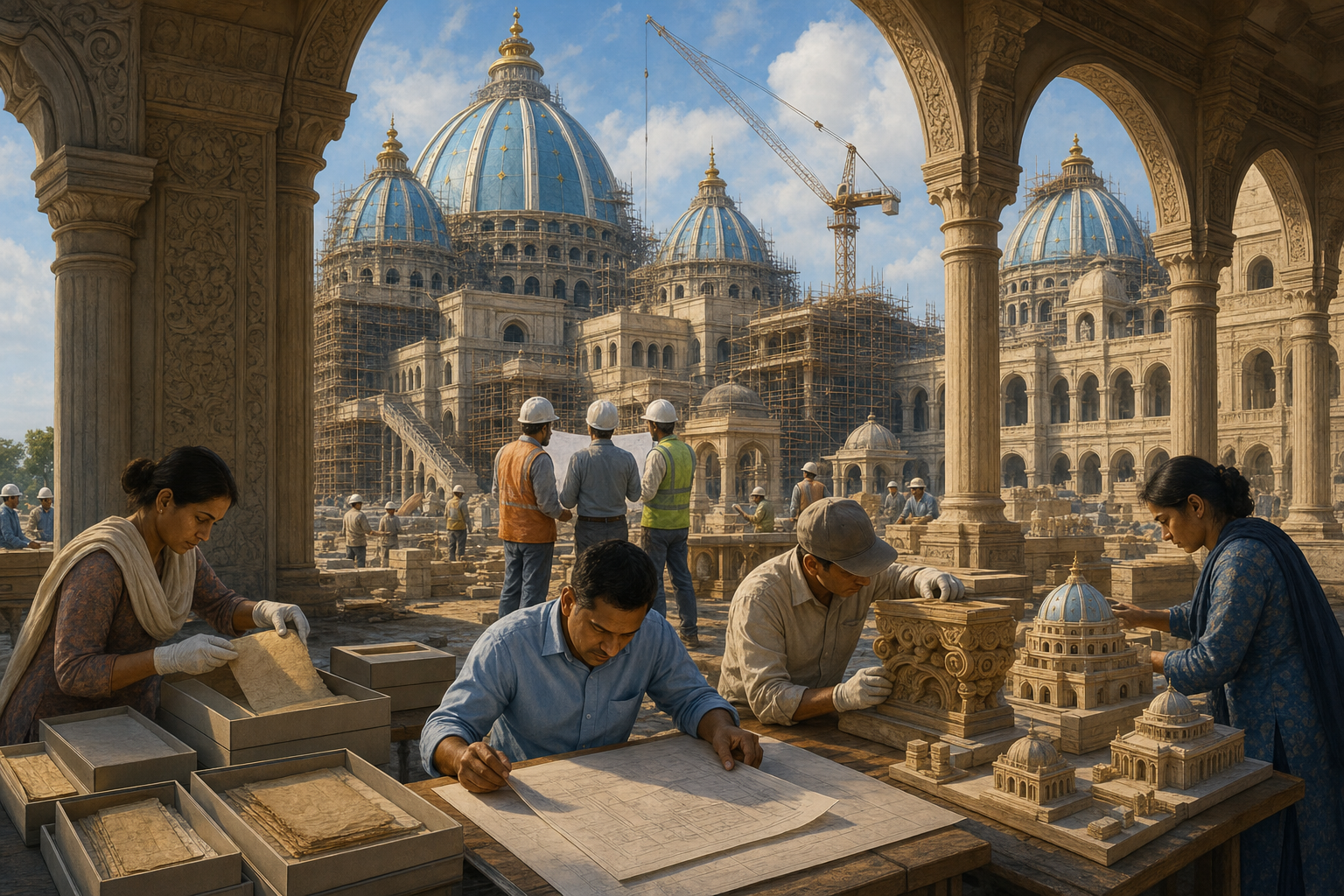 A blue-domed temple under construction rises behind stoneworkers, while conservators, engineers, caretakers, and an educator handle records, plans, architectural pieces, and teaching models in the foreground.
