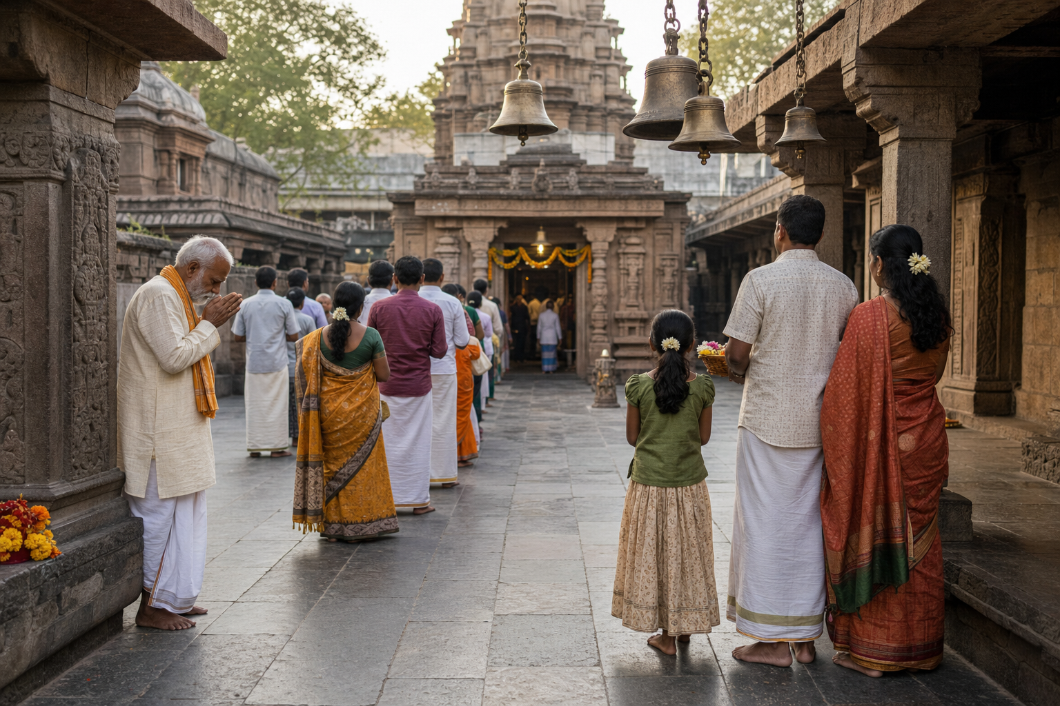 Barefoot pilgrims carrying simple offerings wait calmly for darshan in a temple courtyard during the morning.