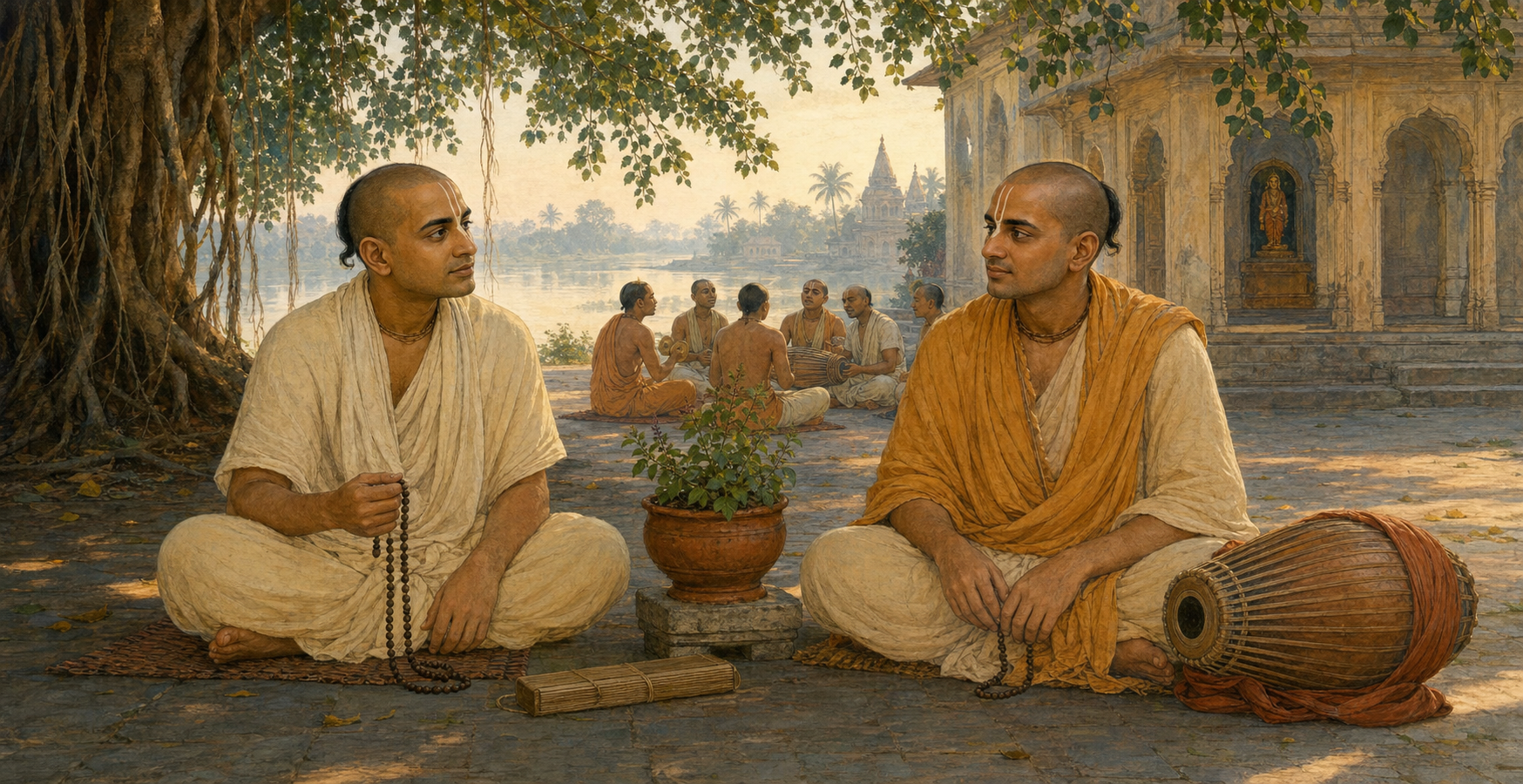 Historical devotional illustration of Sri Ramacandra Kaviraja and Narottama Dasa Thakura seated together in a Bengal temple courtyard with prayer beads, a tulasi plant, a drum, and other practitioners nearby.