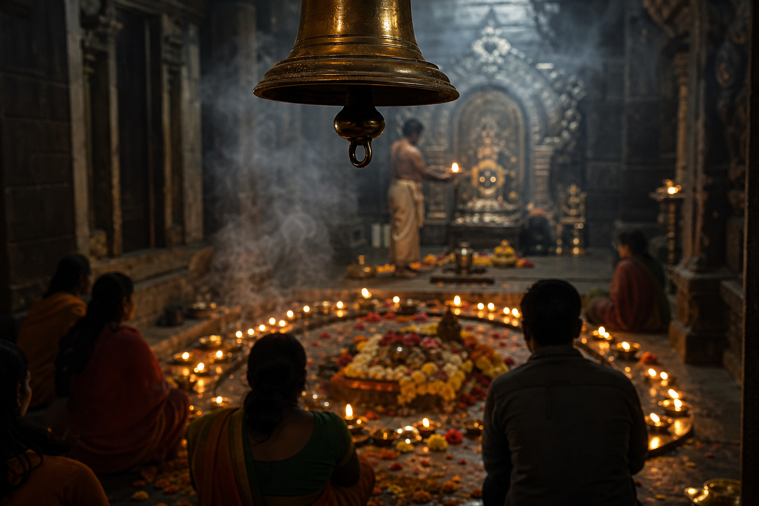 A brass temple bell hangs above glowing oil lamps as devotees pray in an incense-filled interior.