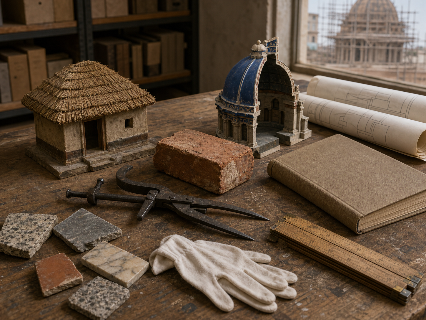 A worktable holds a kutir model, surveying tool, brick, construction samples, blank architectural plans, an archival ledger, gloves, measuring tools, and a model of a blue temple dome.