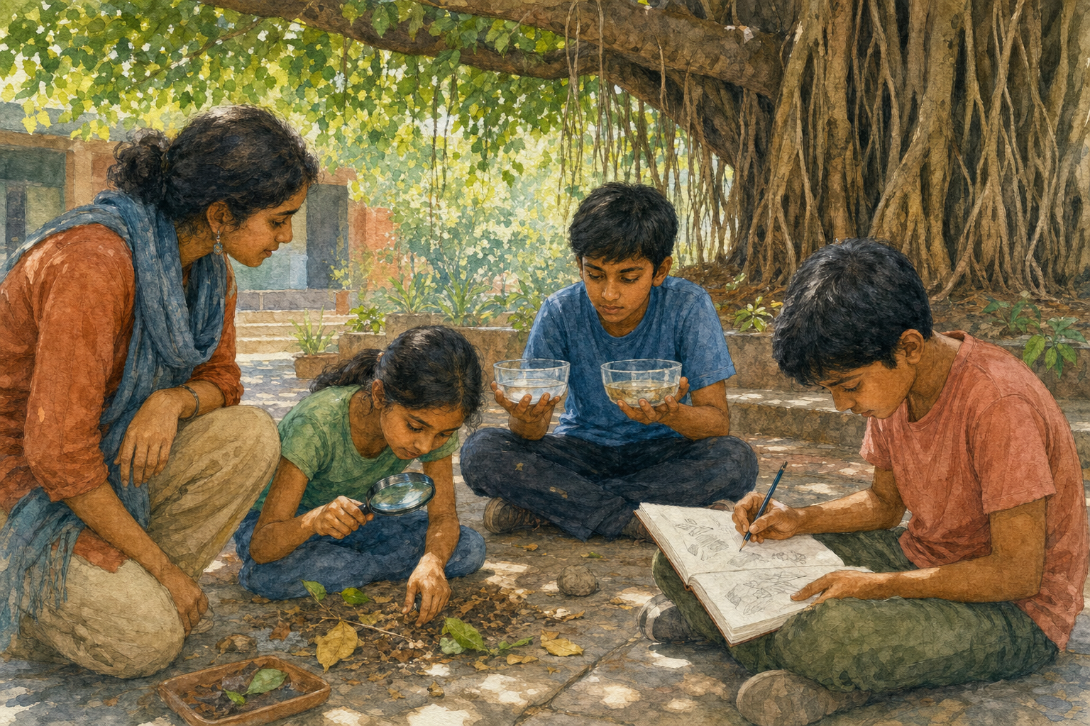 Students and a facilitator examine soil, leaves, and bowls of water beneath a banyan tree in a school courtyard.