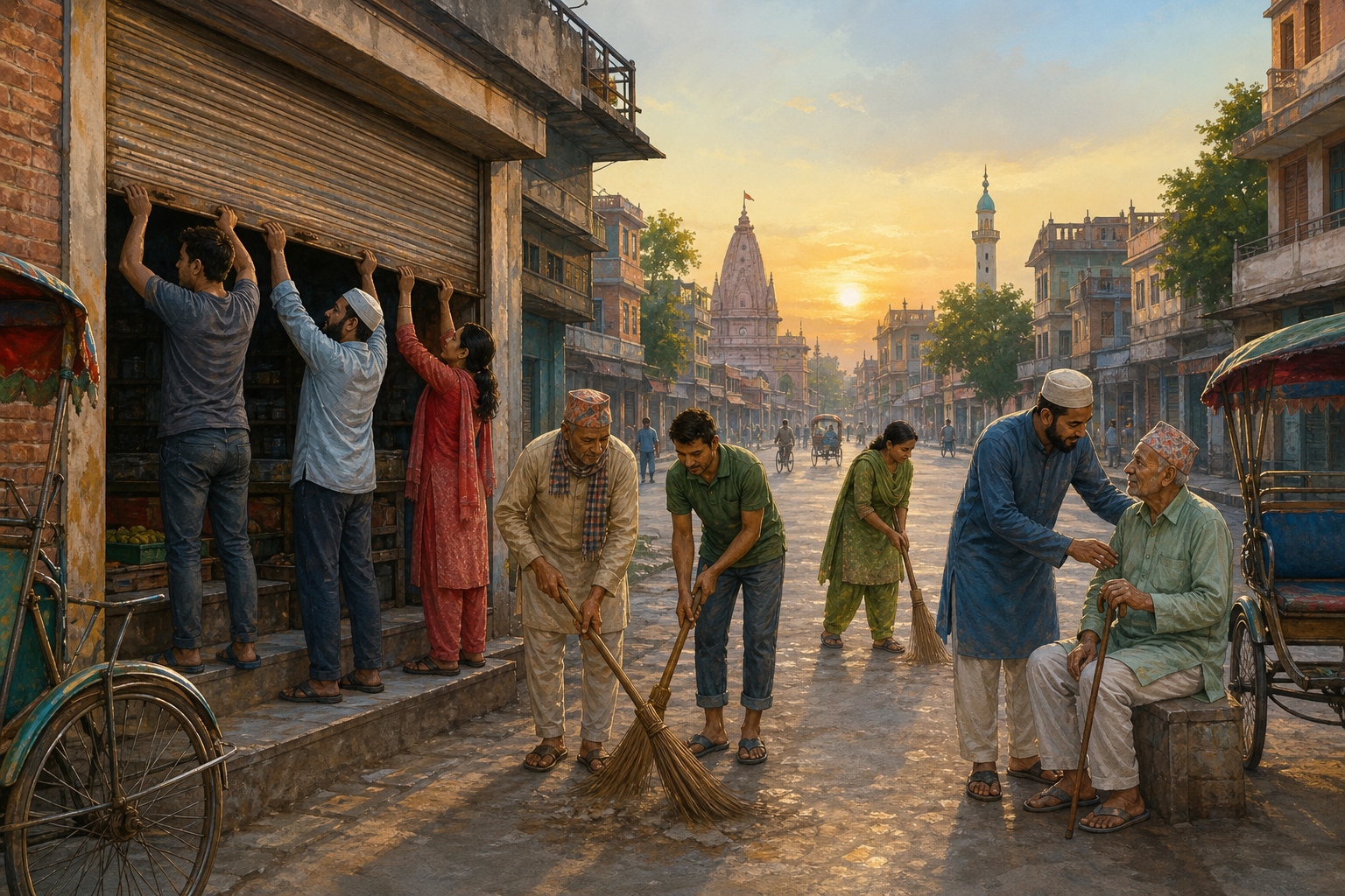 Residents reopen shops and clean a Birgunj street together at dawn, with a temple spire and mosque minaret in the distant skyline.
