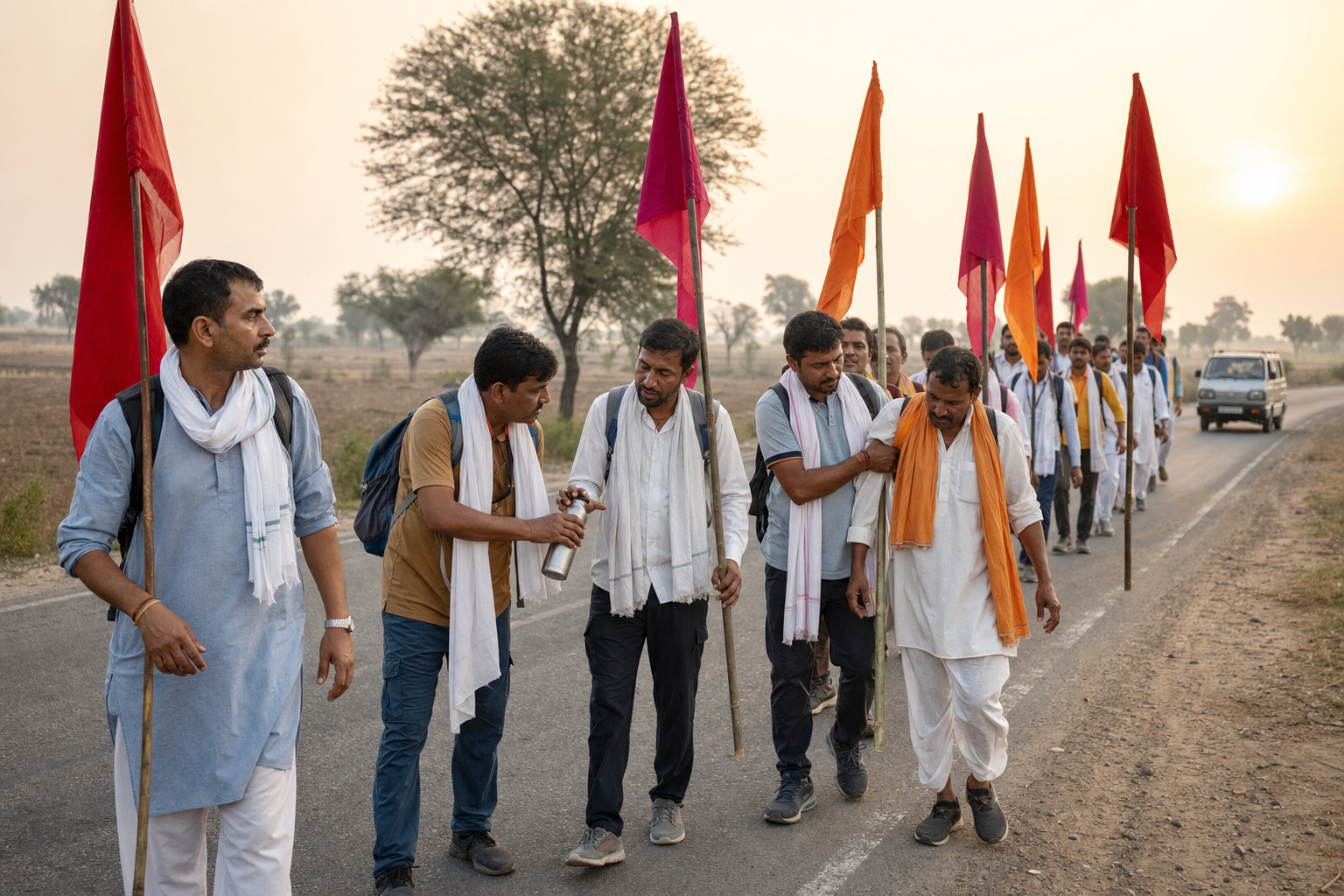 An orderly Nishan Yatra group carries colorful flags while walking together on a Rajasthan road near Khatu.