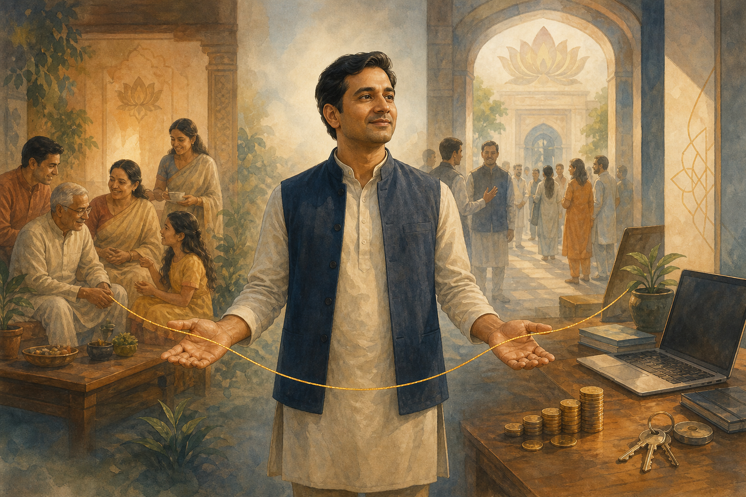 A calm householder holds three loose golden threads connecting family life, material security, and a public doorway.