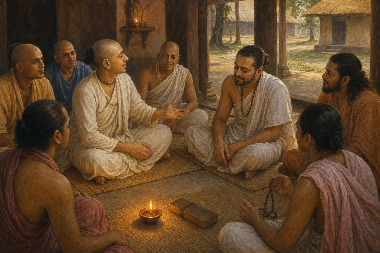 Narottama Dasa Thakura speaks earnestly with Sri Ramacandra Kaviraja while a small circle of devotees listens in a simple Bengal gathering place.