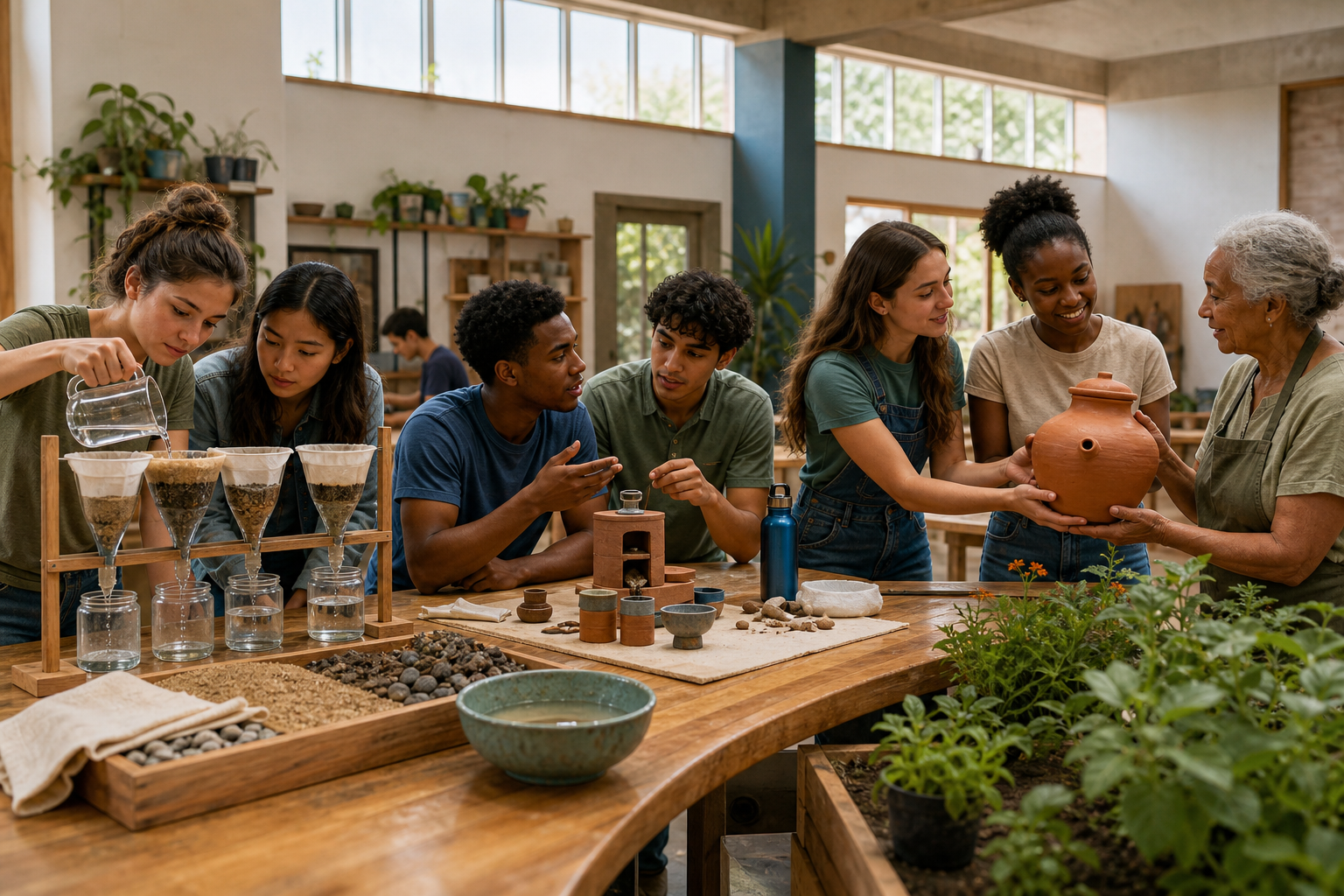 Learners observe water-filter materials, test a prototype, and share an improved clay vessel with an elderly community gardener.