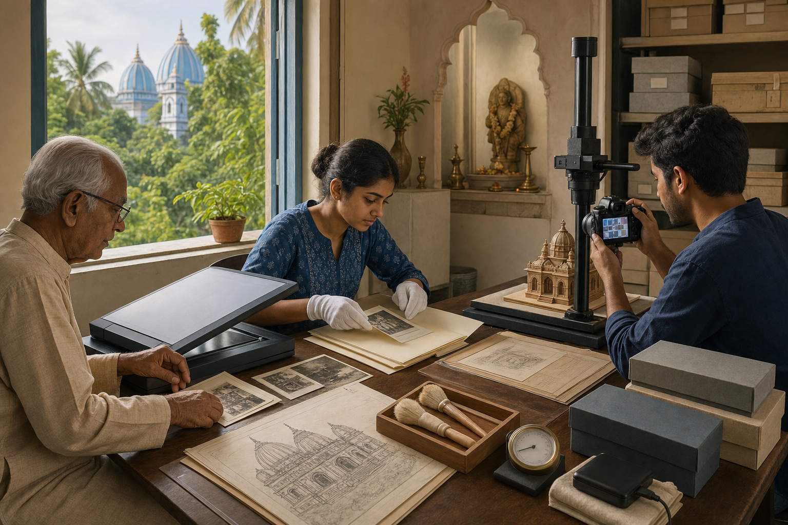 An elder and two younger volunteers scan photographs and architectural records, photograph a small model, and place preserved materials into archival folders and boxes.