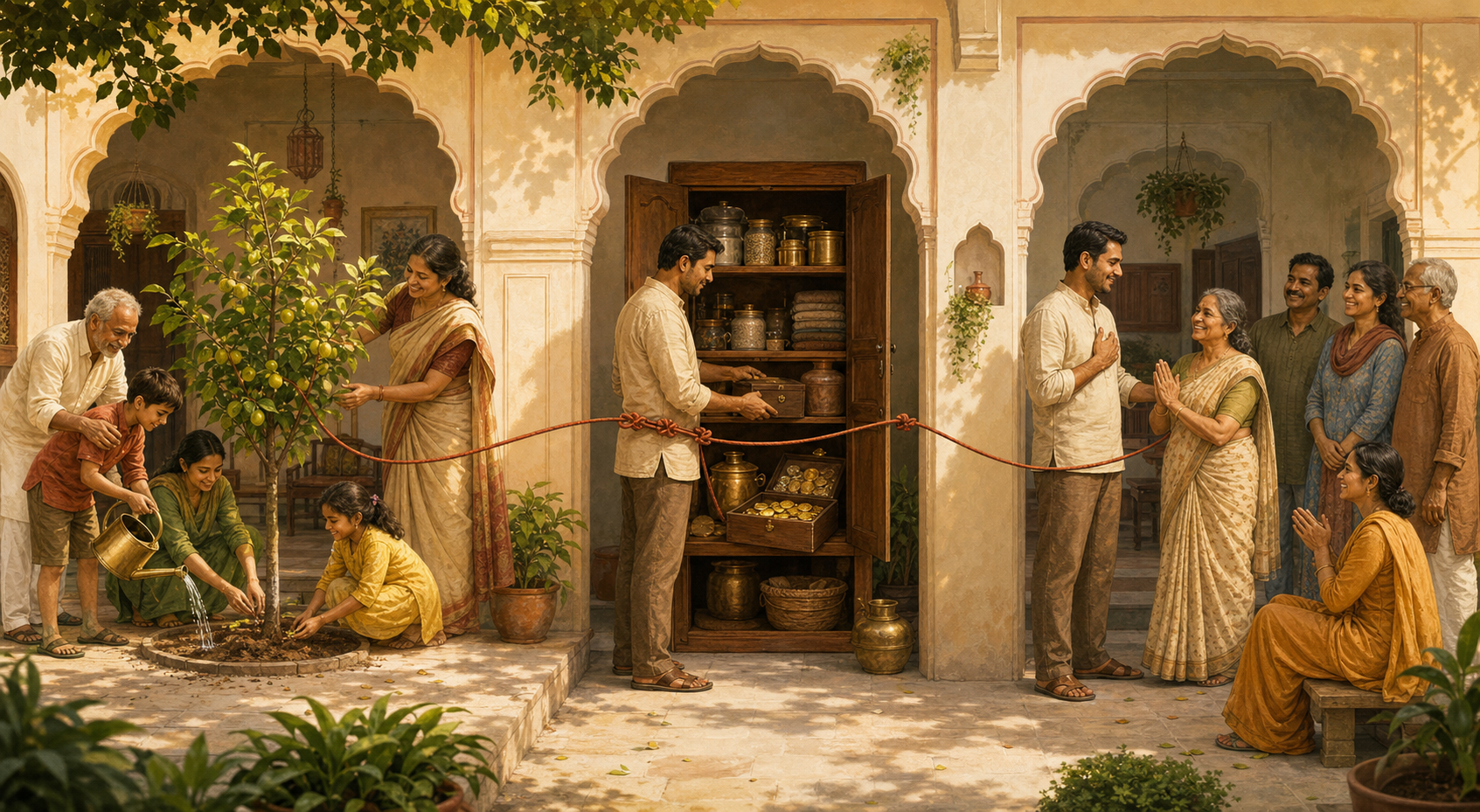 Three connected courtyard scenes show a family tending a tree, a person storing provisions, and a community offering appreciation.