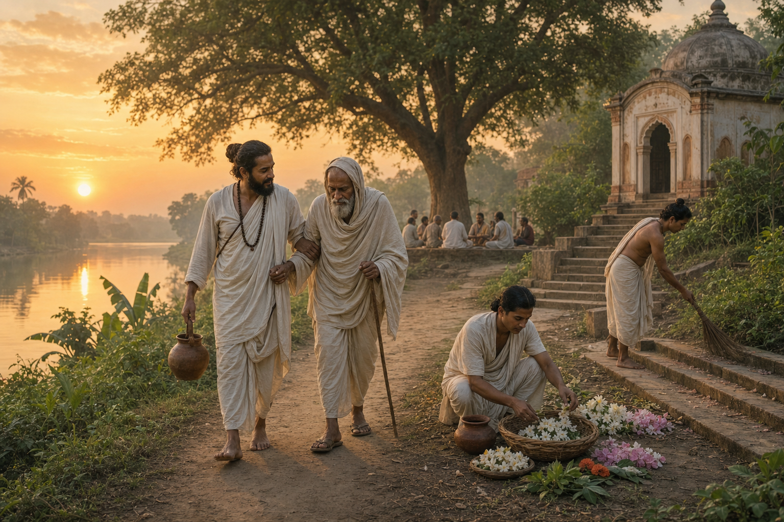 Devotees leaving a riverside gathering help an elderly traveler, prepare flowers, and clean a temple path in the morning light.